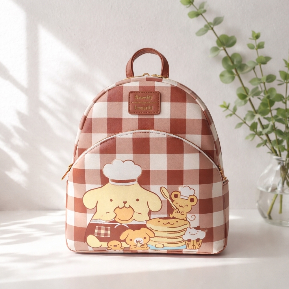 Sanrio Pompompurin Gingham Mini Backpack - Brown & White with Pancake Graphic